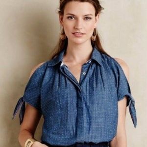 Anthro Holding Horses Chambray Polka Dot Cold Shoulder Top